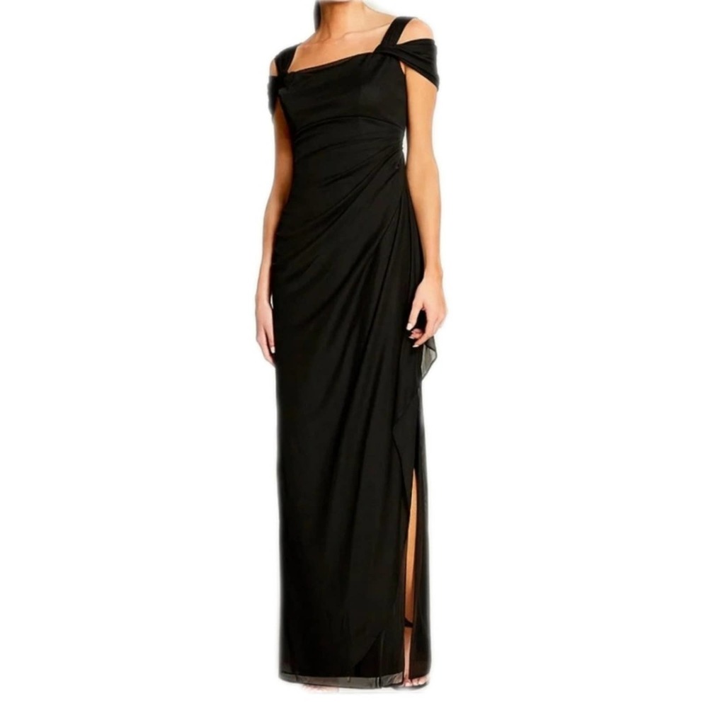 Alex Evenings Black Draped Cold Shoulder Formal Dress sz 10